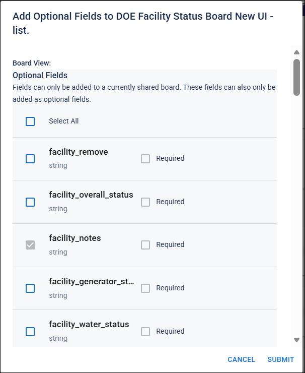 Add optional fields dialog