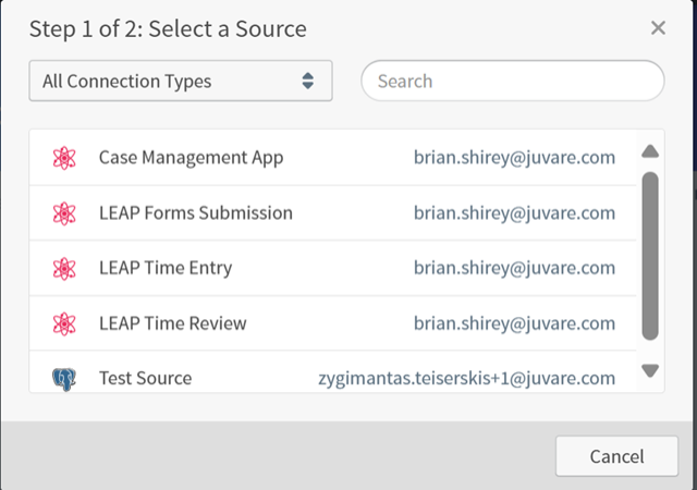 Select a source for the new visual