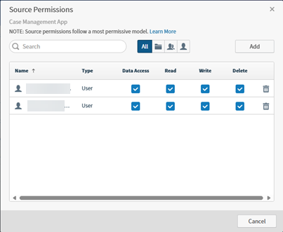 Update permissions on the Source Permissions page.