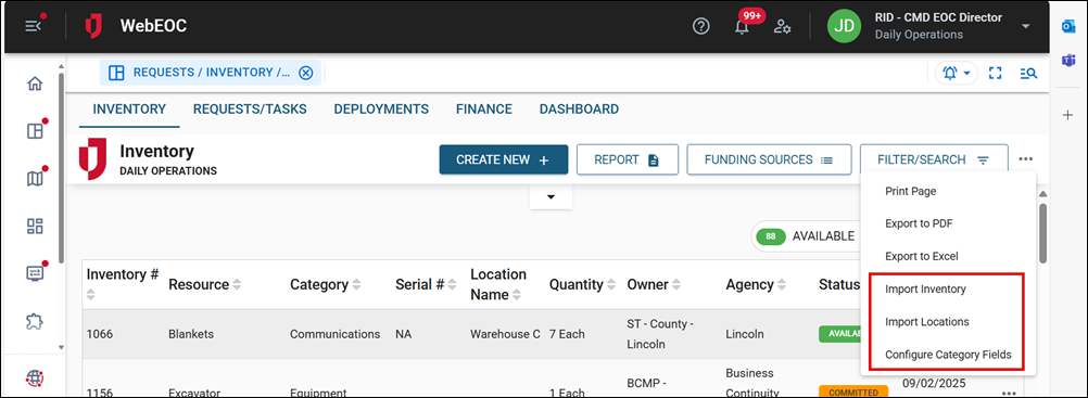 Inventory tab Import Locations option