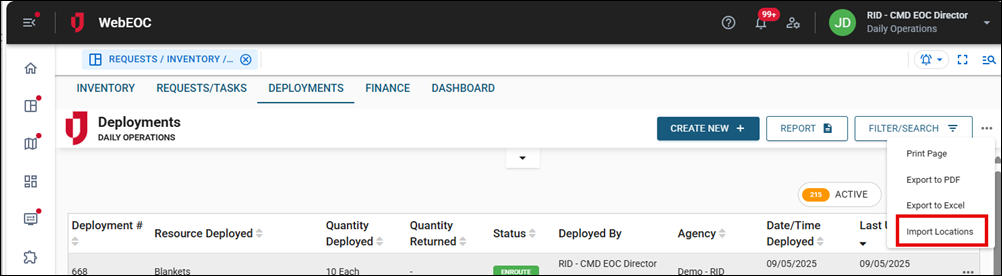 Deployments Tab Import Locations option