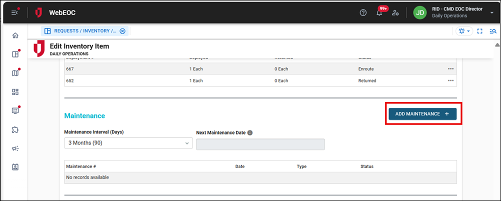 Edit Inventory Item page Add Maintenance button