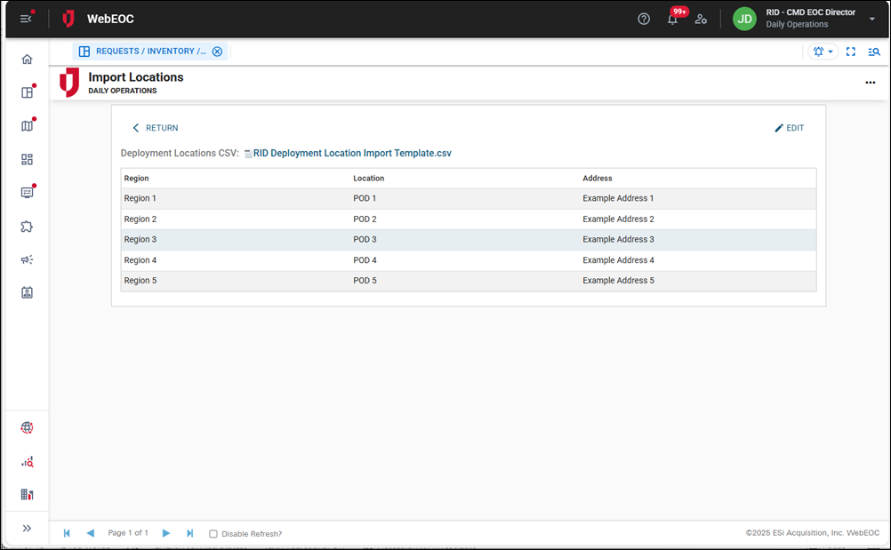 Deployments Import Locations page