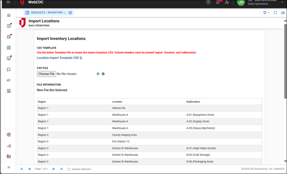 Import Inventory Locations page