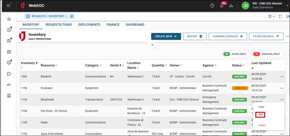 Inventory tab Edit option