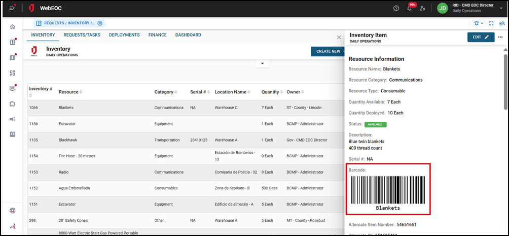 Inventory details barcode generated