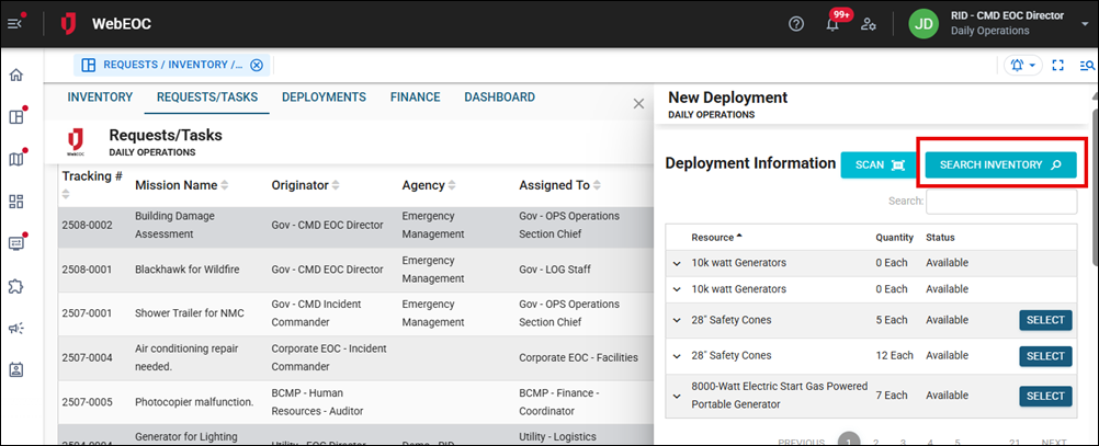 New Deployments page Search Inventory button