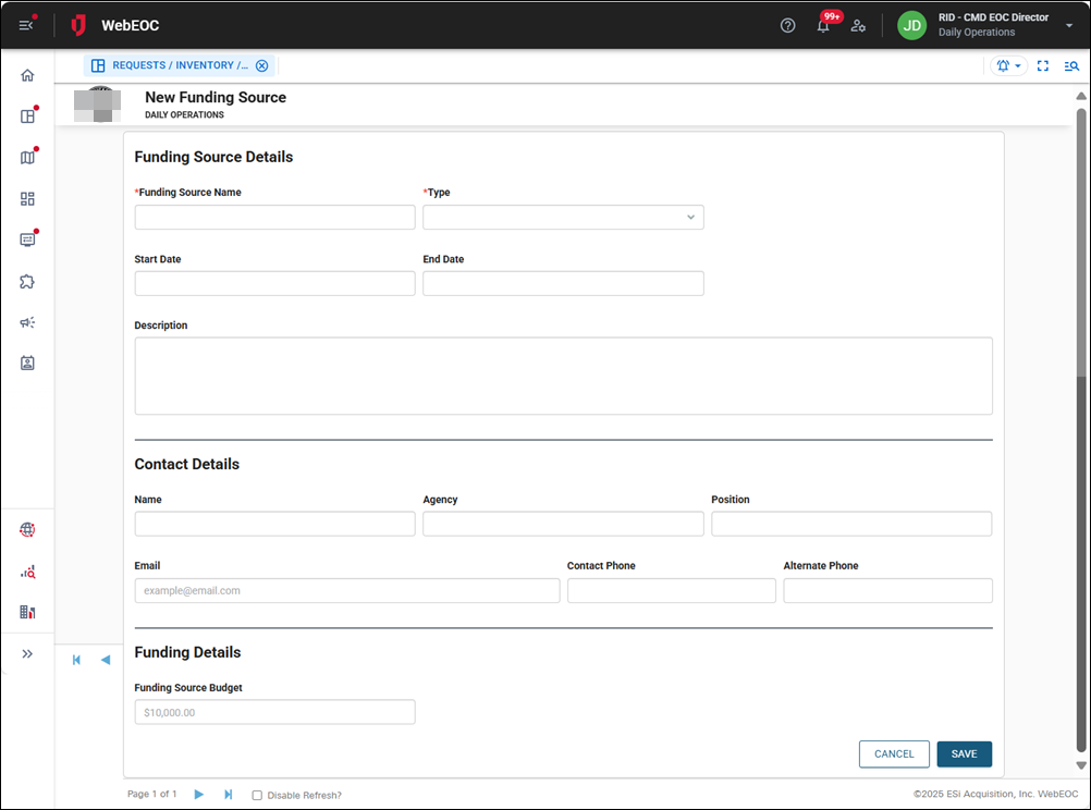 New Funding Source page