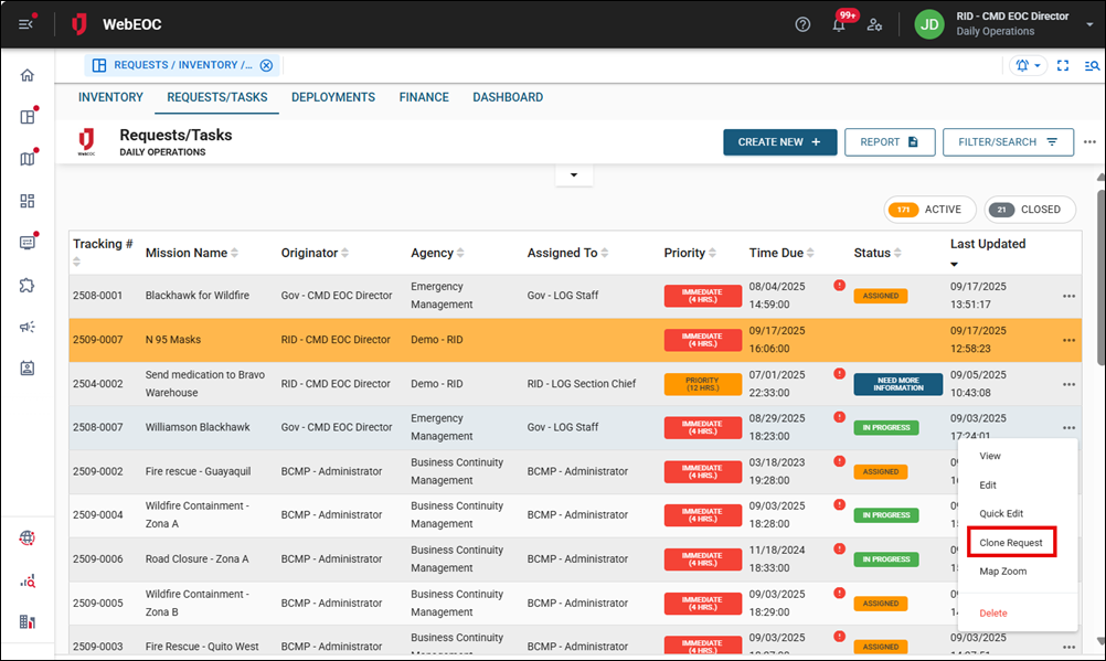 Requests Tasks tab Clone Request option