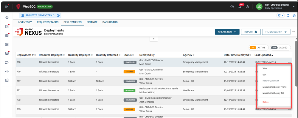 Deployments tab Return Quick Edit option