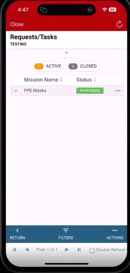 Warehouse Operations Requests Tasks screen