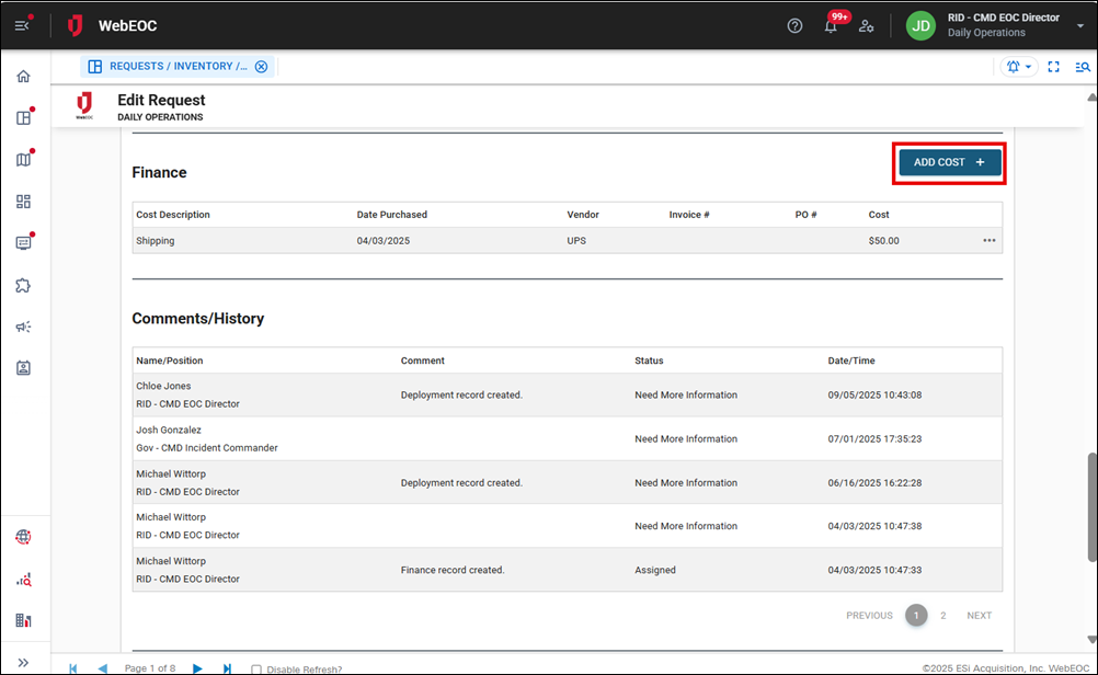 Edit Reqest page Add Cost button