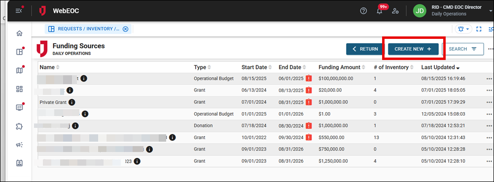 Funding Sources page Create New button