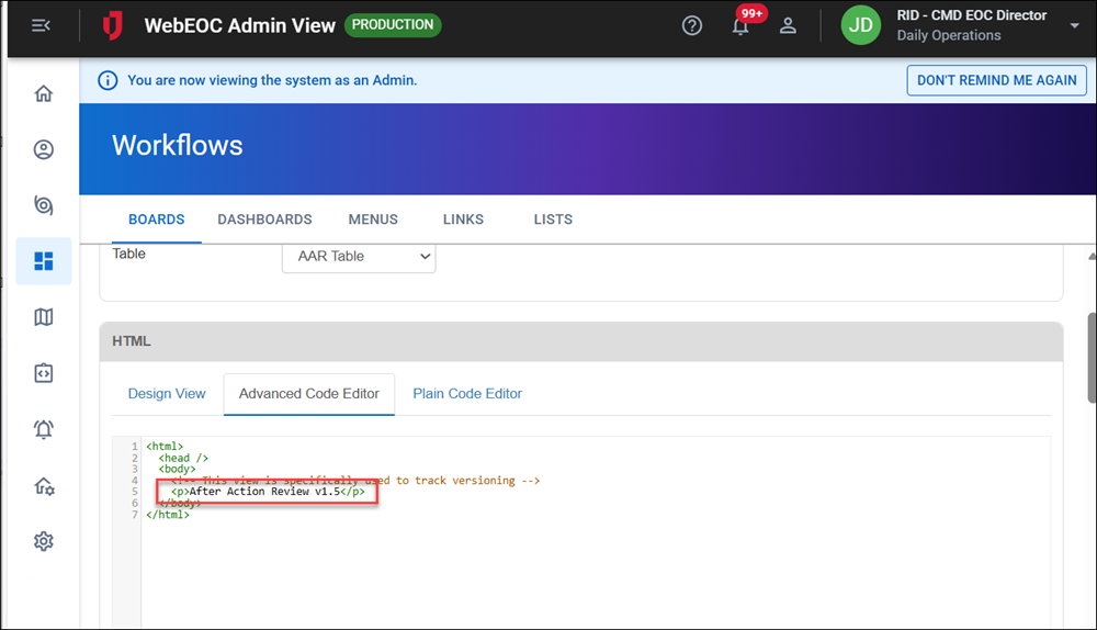 View the version in the advanced code editor
