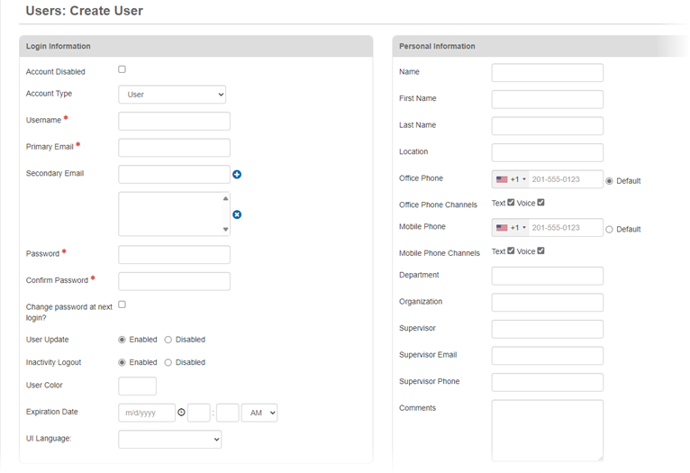 Create Users page