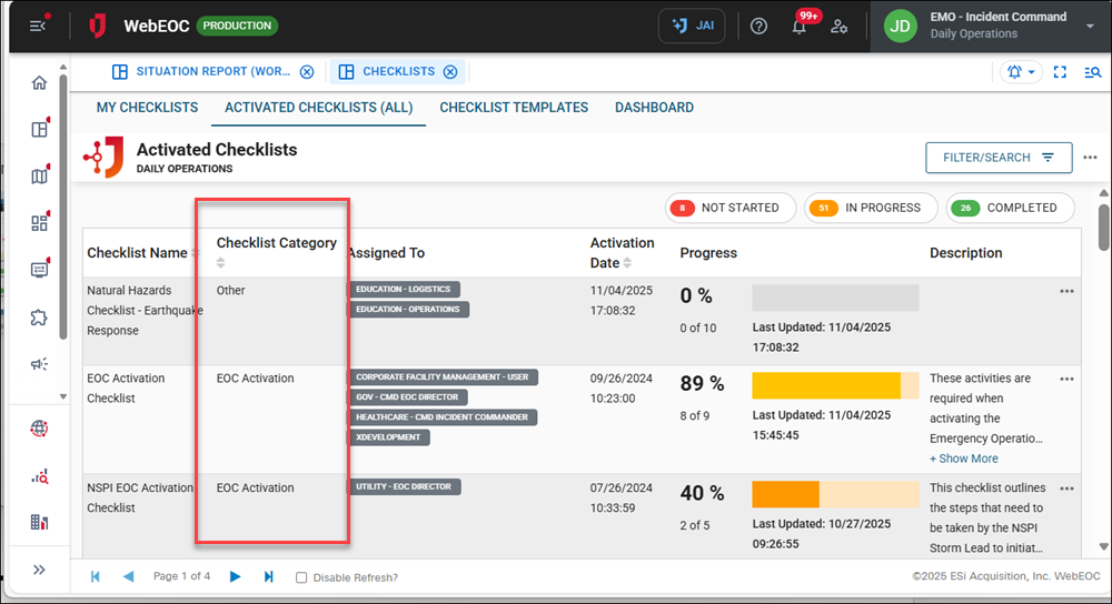 Click image to enlarge Activated Checklists All tab with Checklist Category column selected