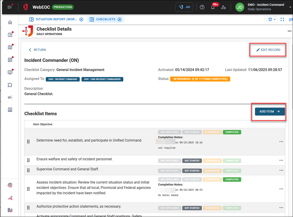 Click image to enlarge Checklist Details accessed by the Activated Checklists All tab