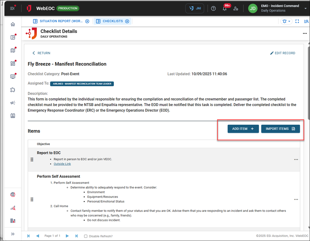 Click image to enlarge Checklist Details Add Item Import Items buttons