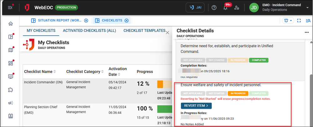 Click image to enlarge Checklist Details Revert status