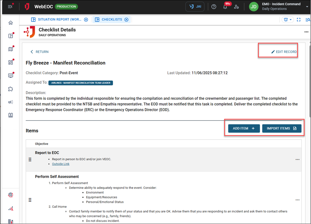 Click image to enlarge Checklist Details page accessed from the Checlist Templates tab