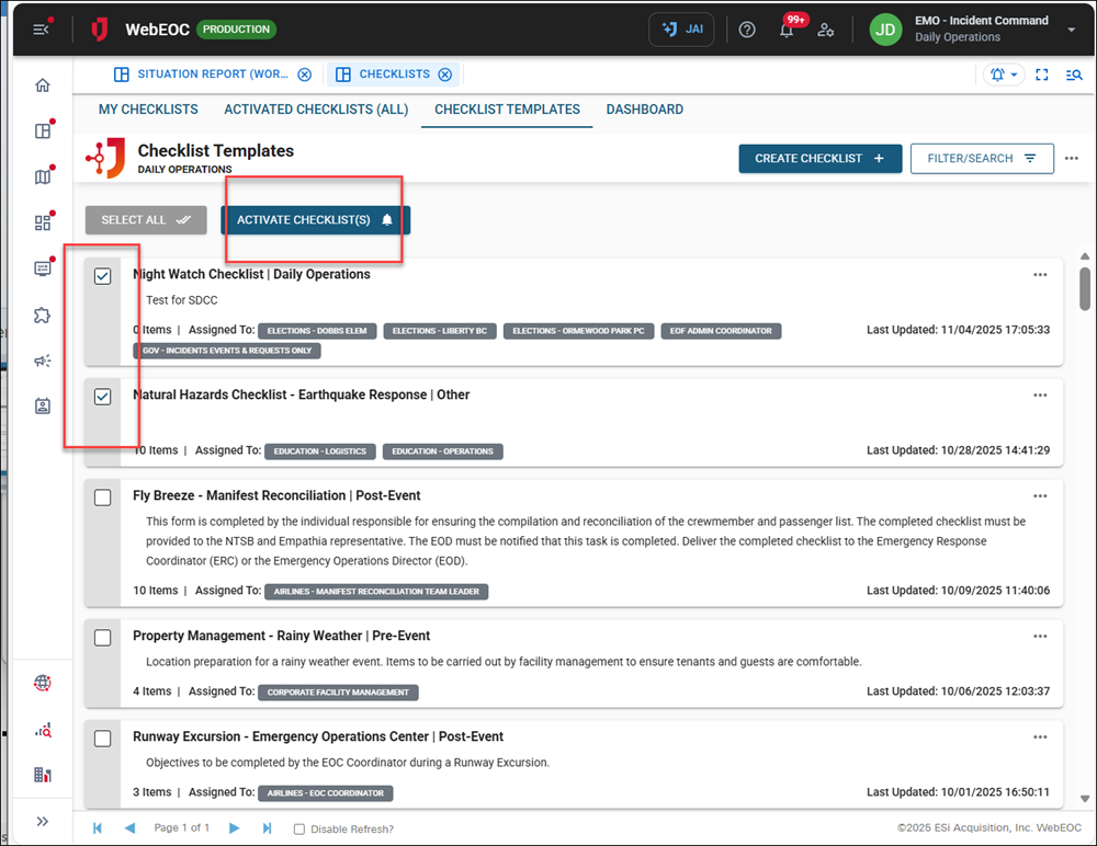 Click image to enlarge Checklist Templates tab activate multiple checklists