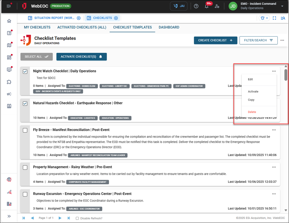 Click image to enlarge Checklist templates tab options
