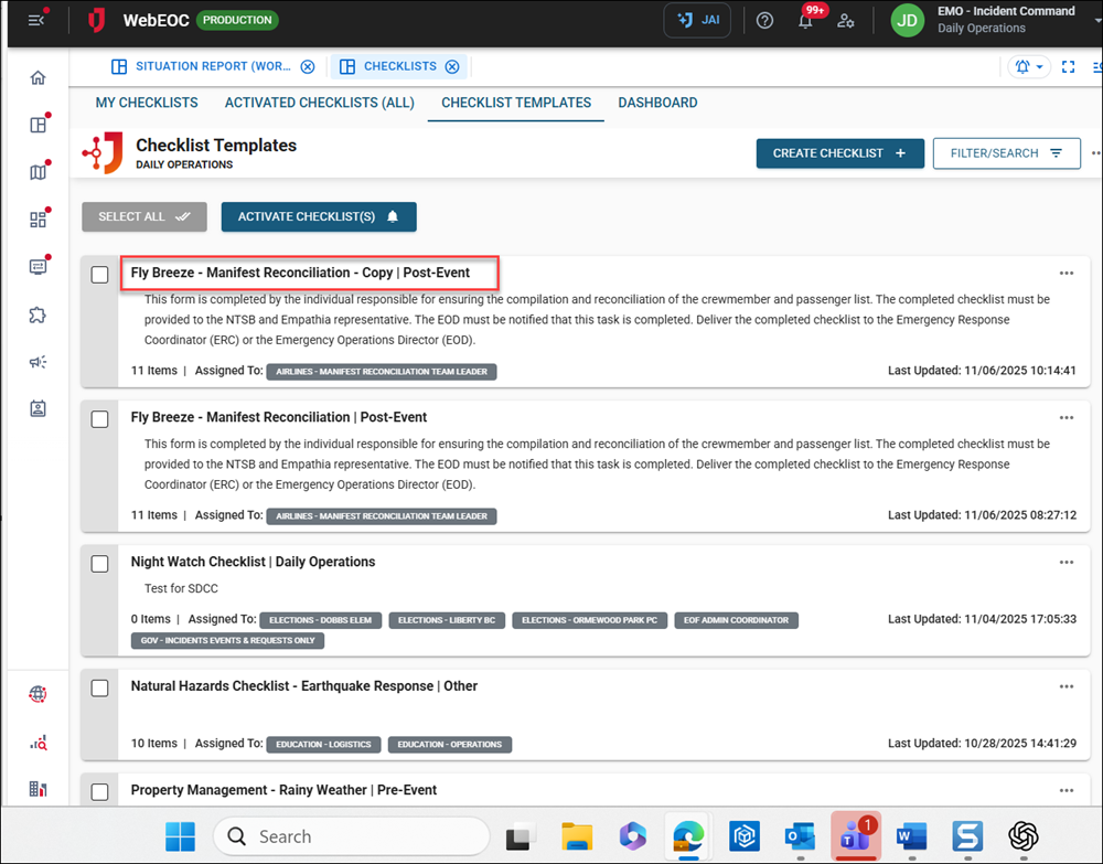 Click image to enlarge Checklist Templates tab with copied checklist