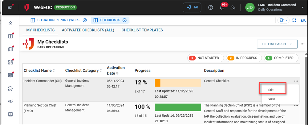Click image to enlarge My Checklists tab Edit option