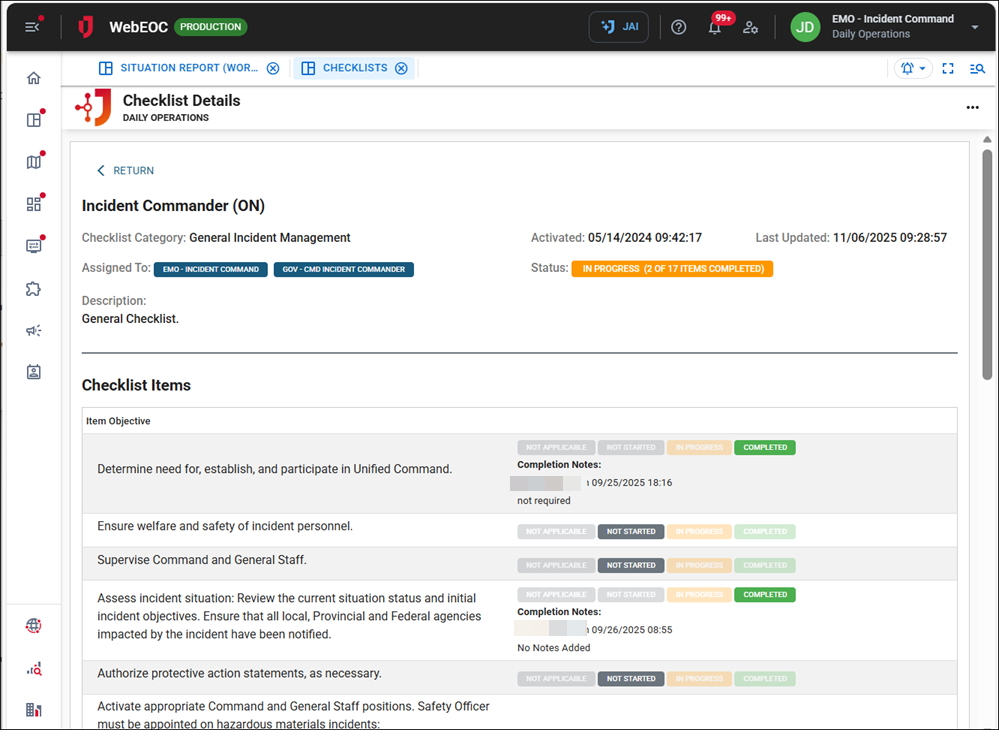 Click image to enlarge Checklist Details accesed from the My Checklists tab