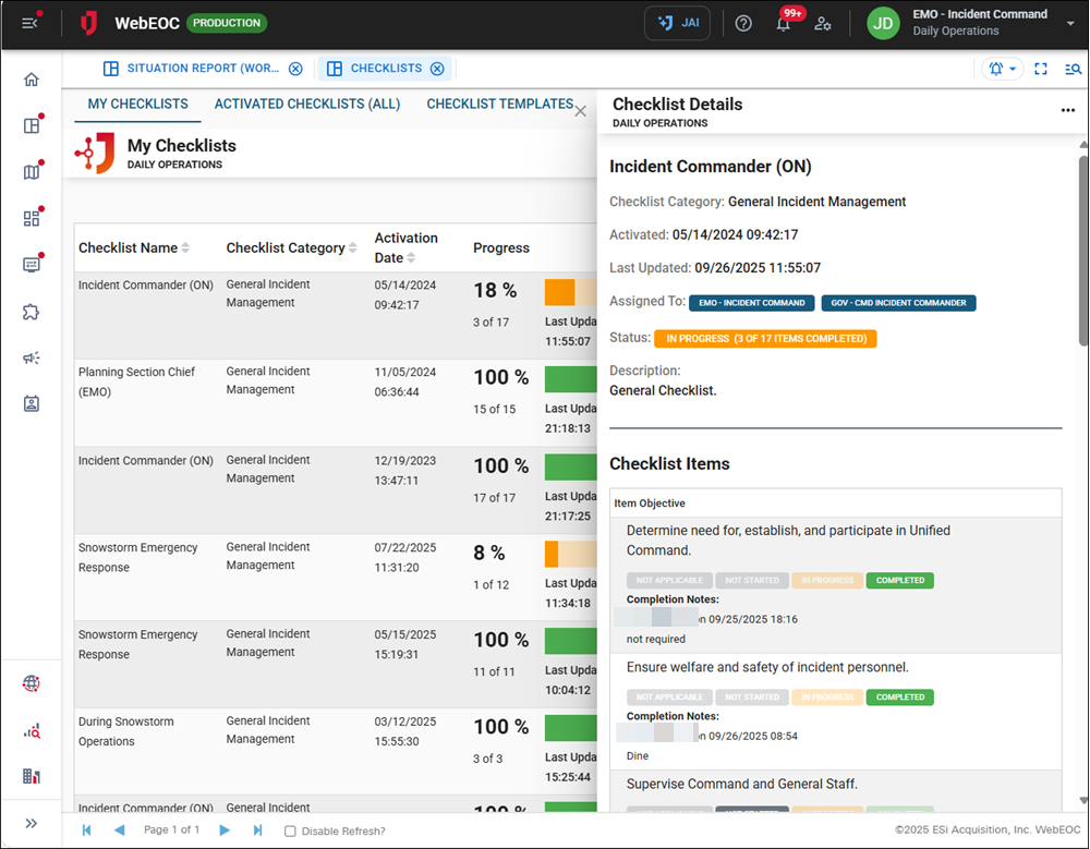 Click image to enlarge Checklist Details accessed from My Checklists tab