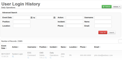 User Login History page with Advanced Search shown