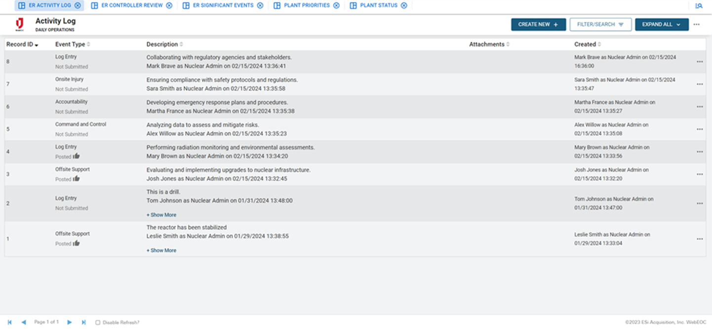Nuclear event reporting log
