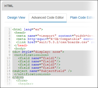 Advanced Code Editor tab with selected code snippet.