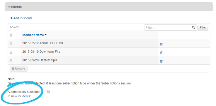 Available Incidents window with the Automatically subscribe field highlighted.