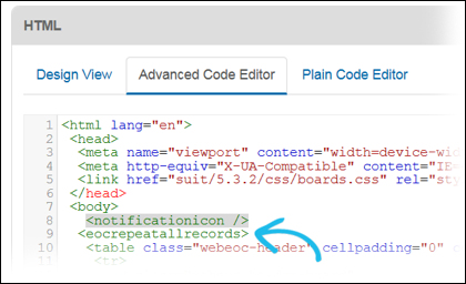 Advanced Code Editor, with the notification icon line selected.