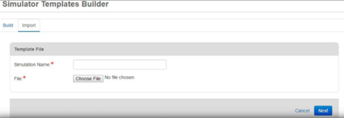 Simulator Templates Builder page, with Import tab active.