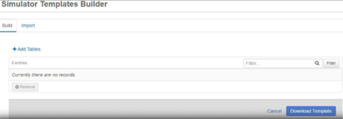Simulator Templates Builder page, with Build tab active.