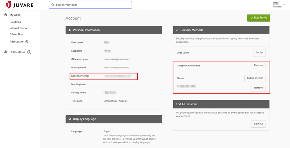 Profile page with highlight boxes around the secondary email and phone fields.