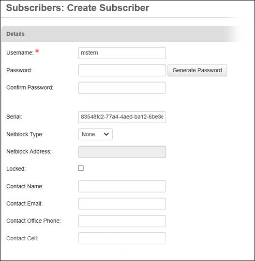 Subscribers Create Subscriber page