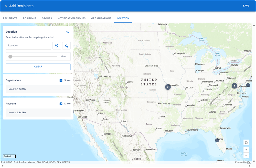 Add Recipients page Location tab