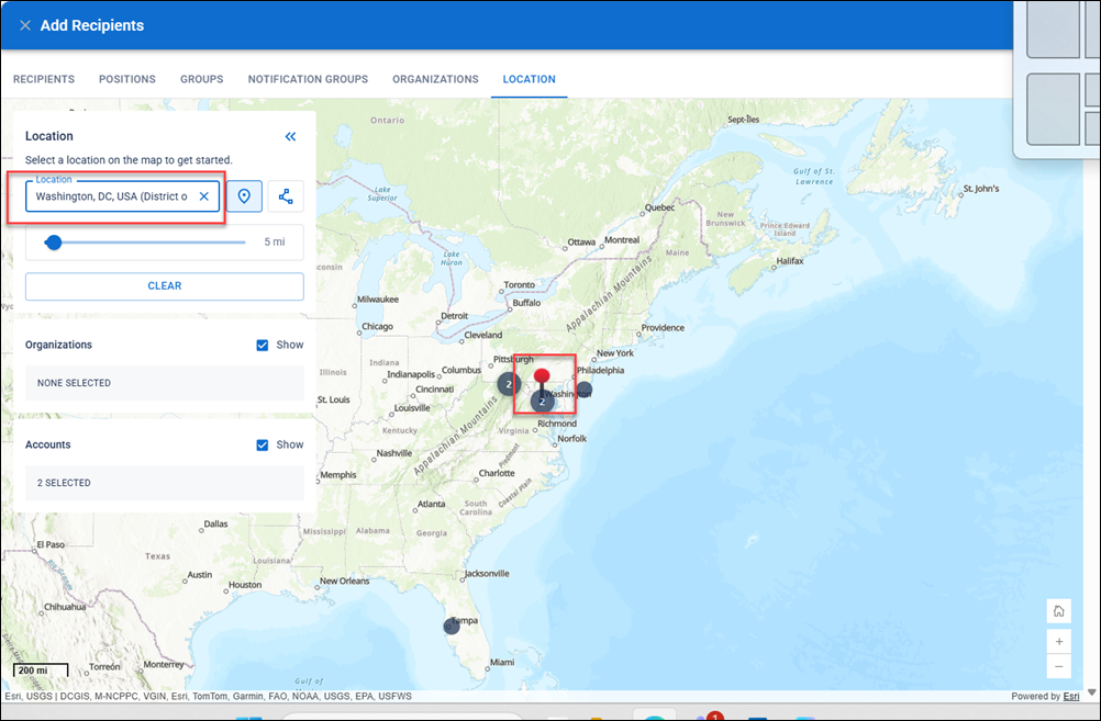 Location tab pin dropped