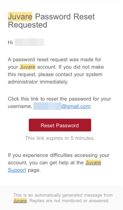 Juvare "Password Reset Requested" email.